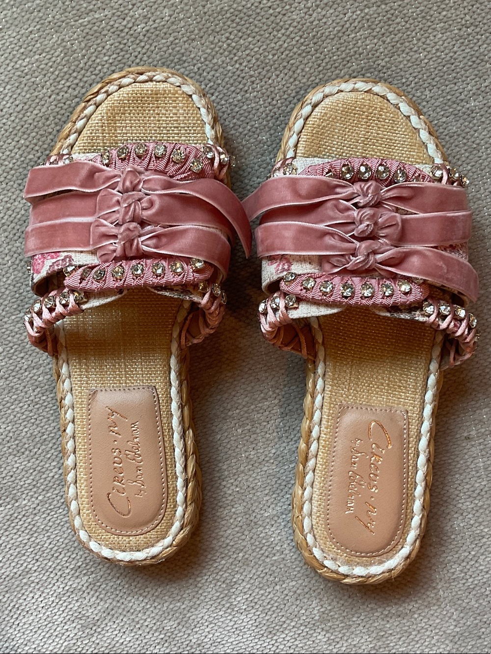 Sam Edelman Circus NY Pink floral velvet ribbon rhinestone slide sandals